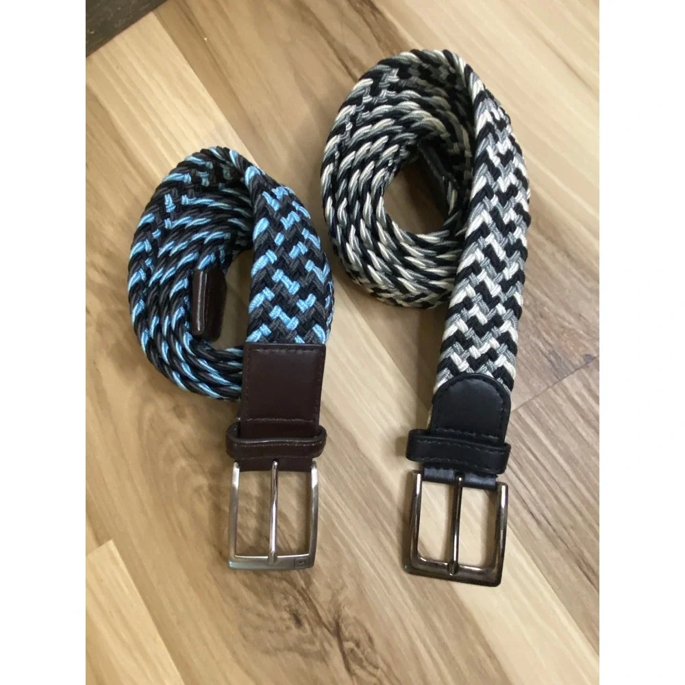 Mens Braided Elastic Stretch‎ Belt Lot 2 Blue Grey Black Chevron Woven 42 & 2XL